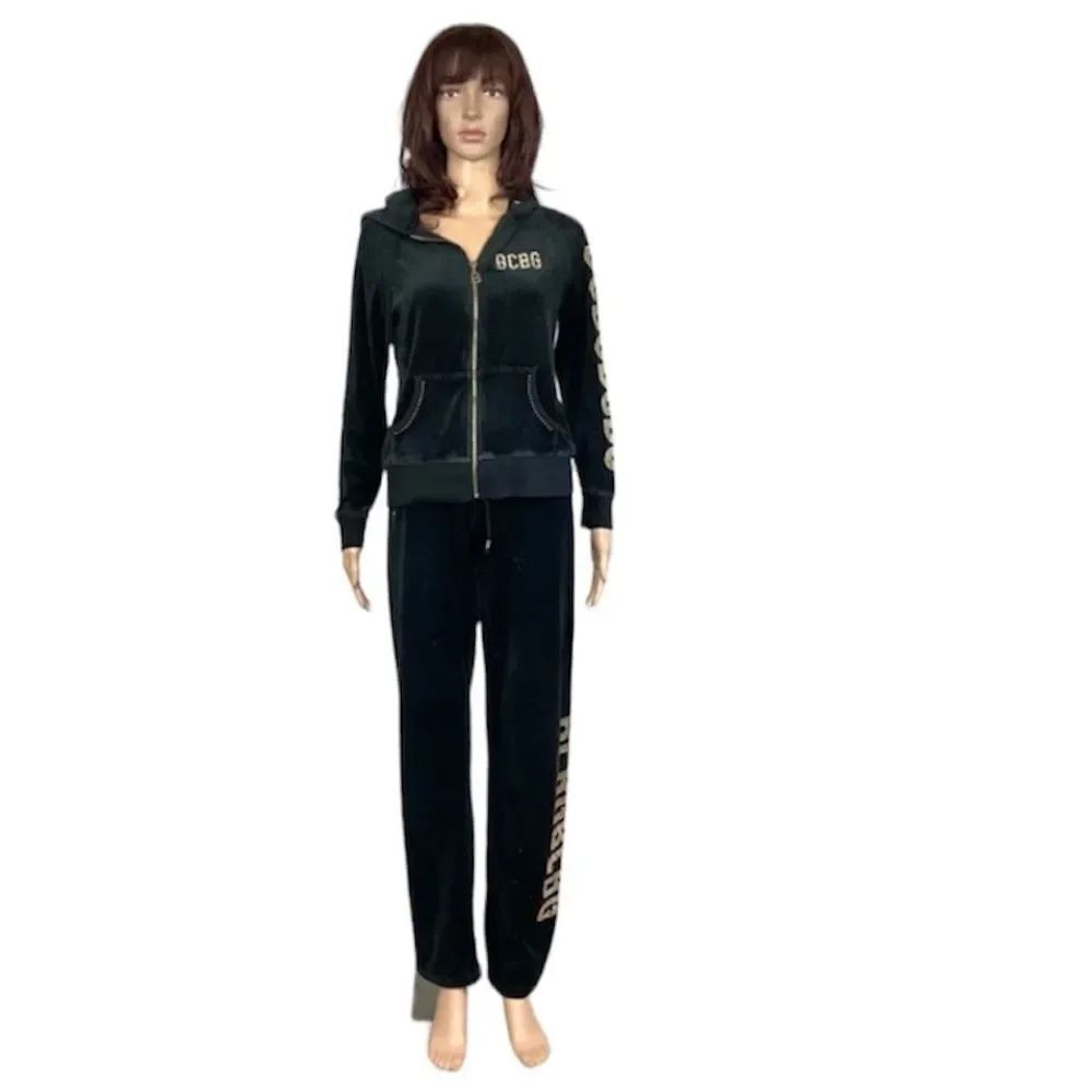 BCBGMaxAzria Y2K Vintage Black Gold Studs Velour Zip Tracksuit Jacket Pants S